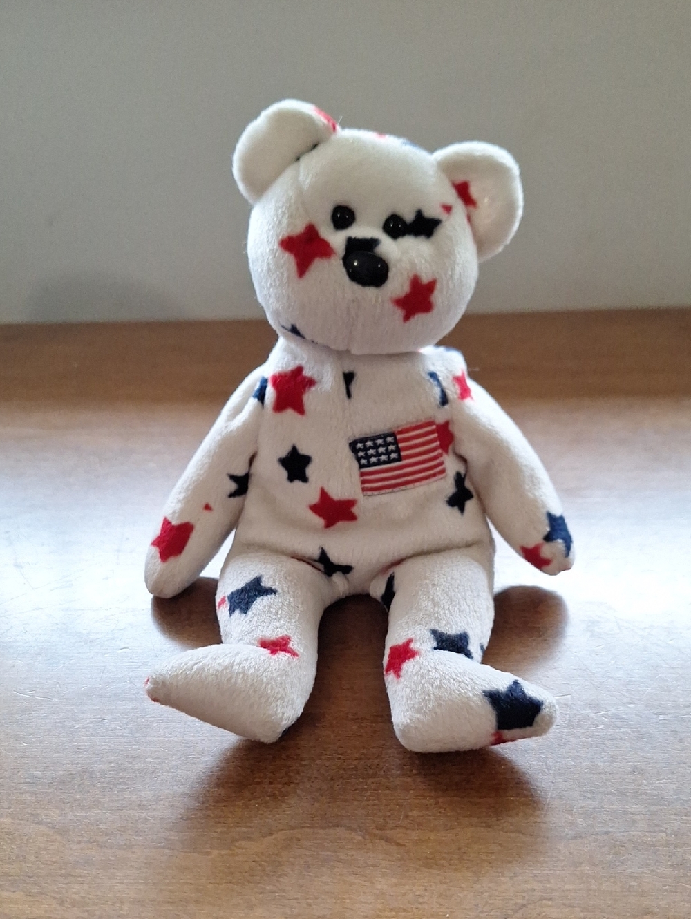 Glory, Ty White Plush Beanie Bear with Red & Blue Stars and Flag Patch, Vintage